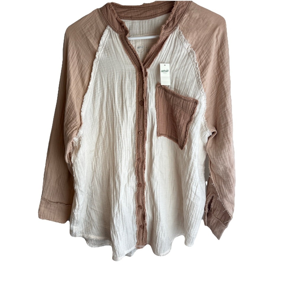 Aerie Pool-To-Party Cover Up Shirt, Color Block, Ivory/Nude/Light Brown, S/S NWT